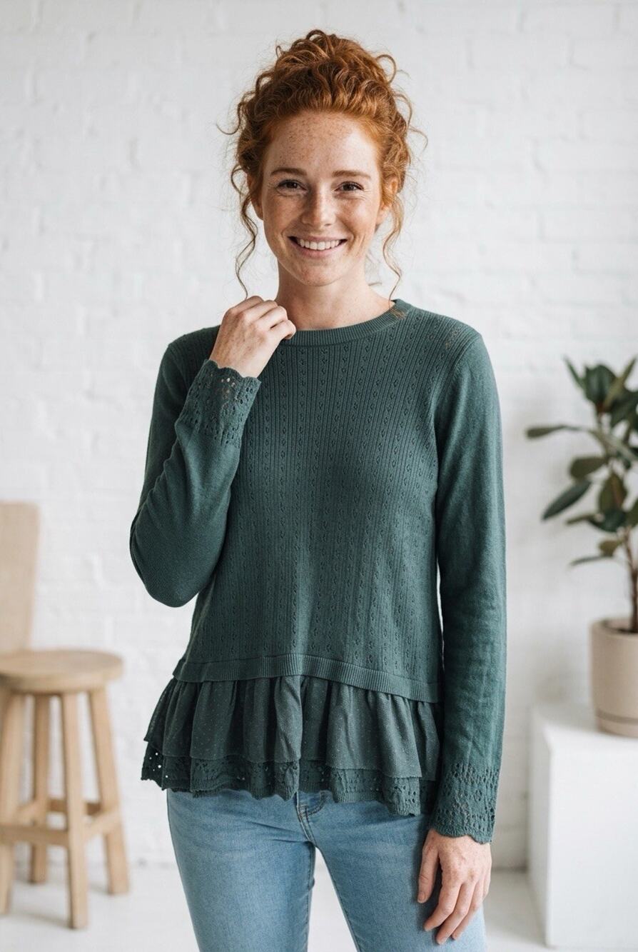 Lauren Conrad Women's Blouse Green Tunic Bell Sleeve Crochet Ruffle Size L